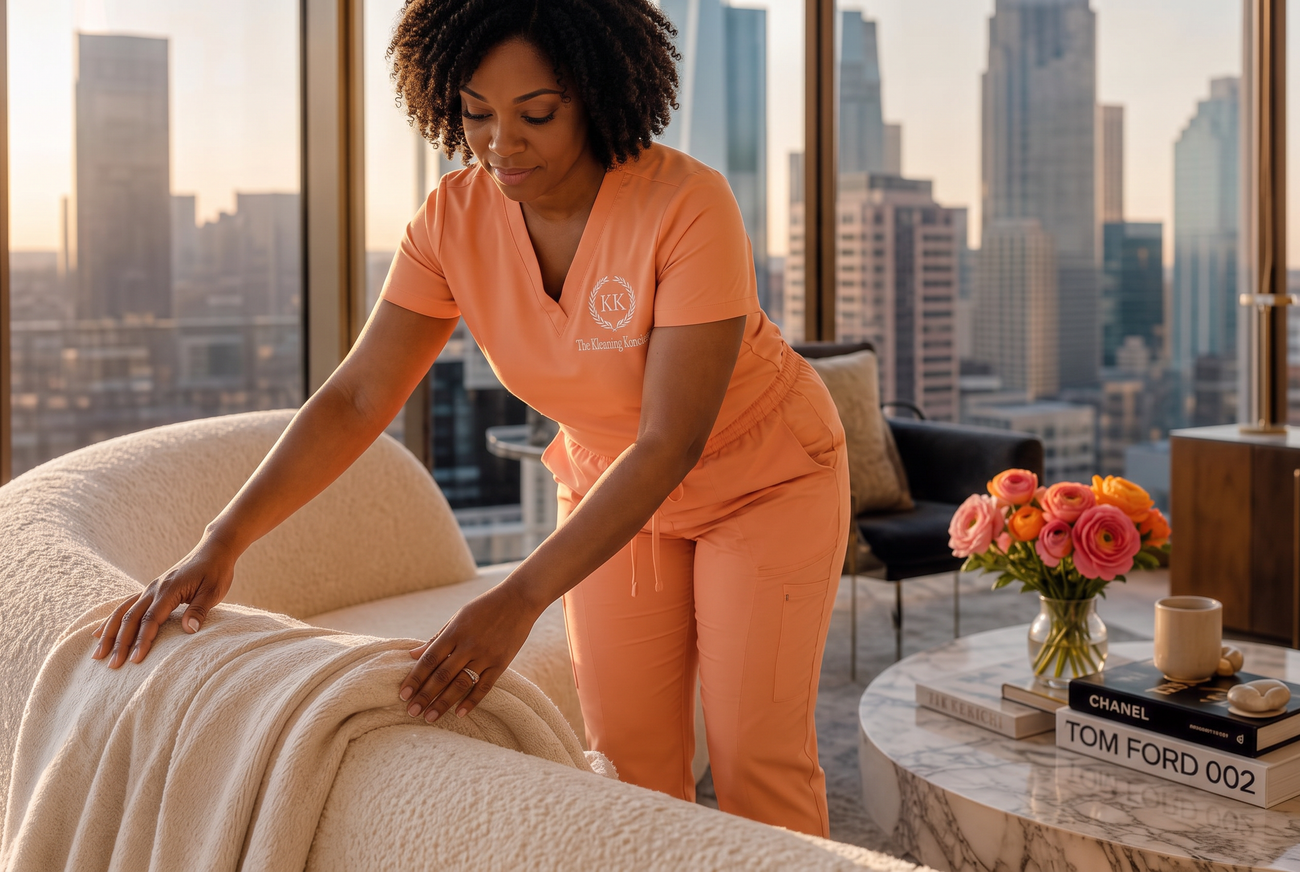 A Black Koncierge in an apricot uniform finishing a high-rise living room at golden hour