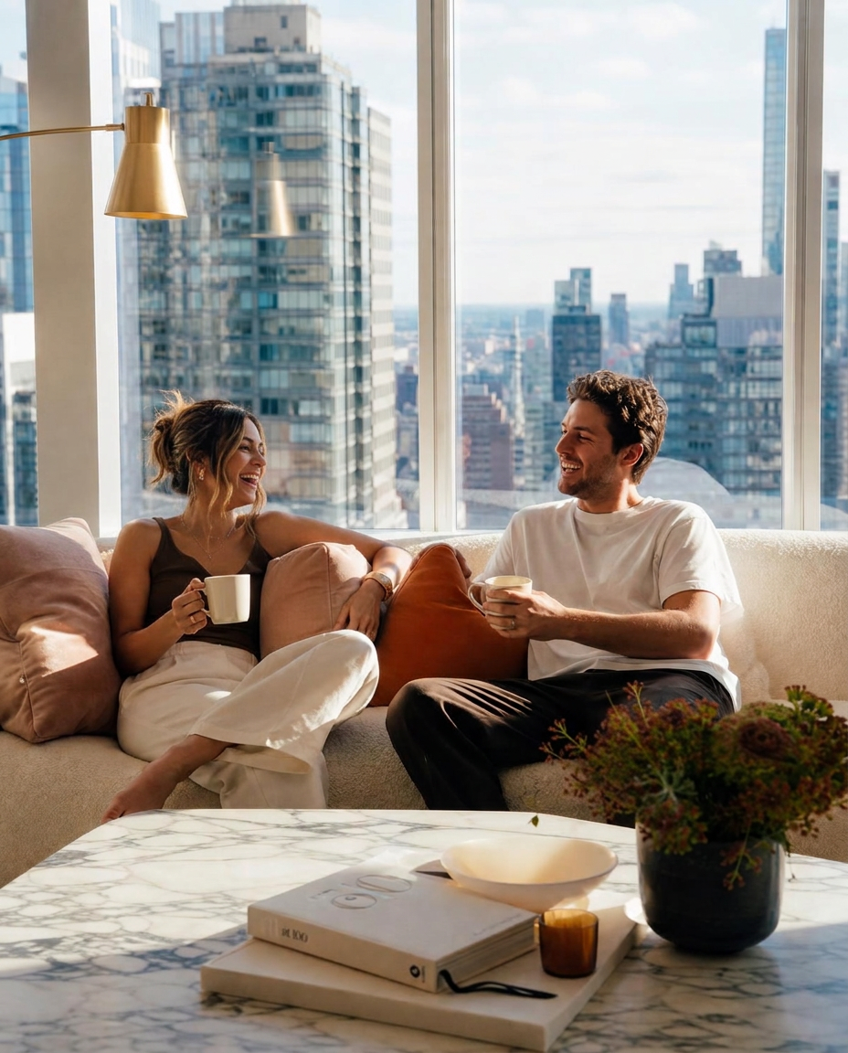 A couple laughing together with coffee in their sunlit high-rise apartment