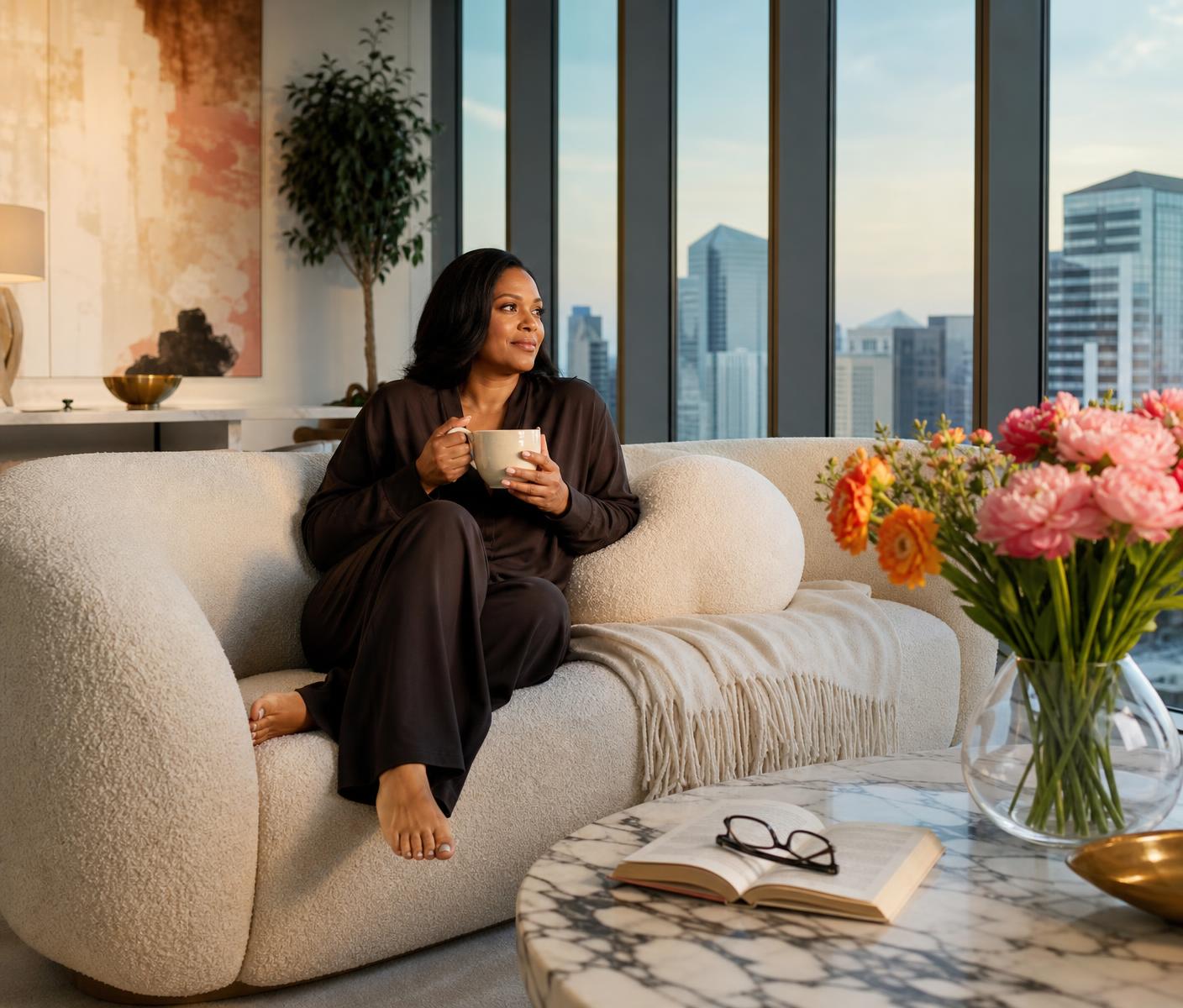 A woman relaxing with tea on the sofa of her beautifully maintained high-rise apartment