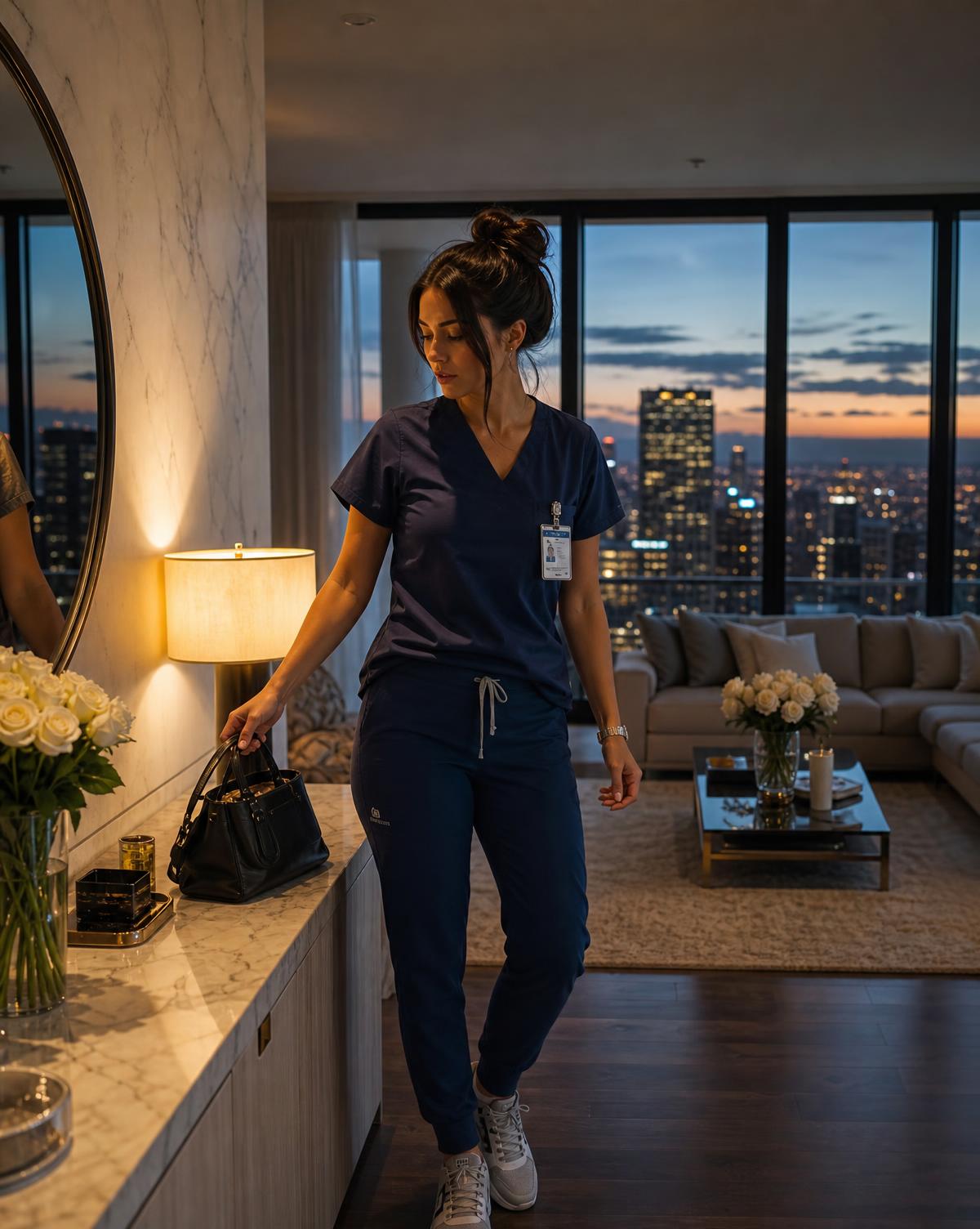 A nurse in scrubs arriving home to her high-rise apartment at dusk with her handbag