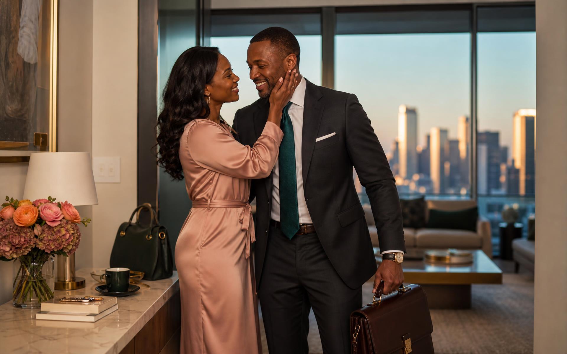 A Black professional arriving home as his wife welcomes him into their high-rise residence