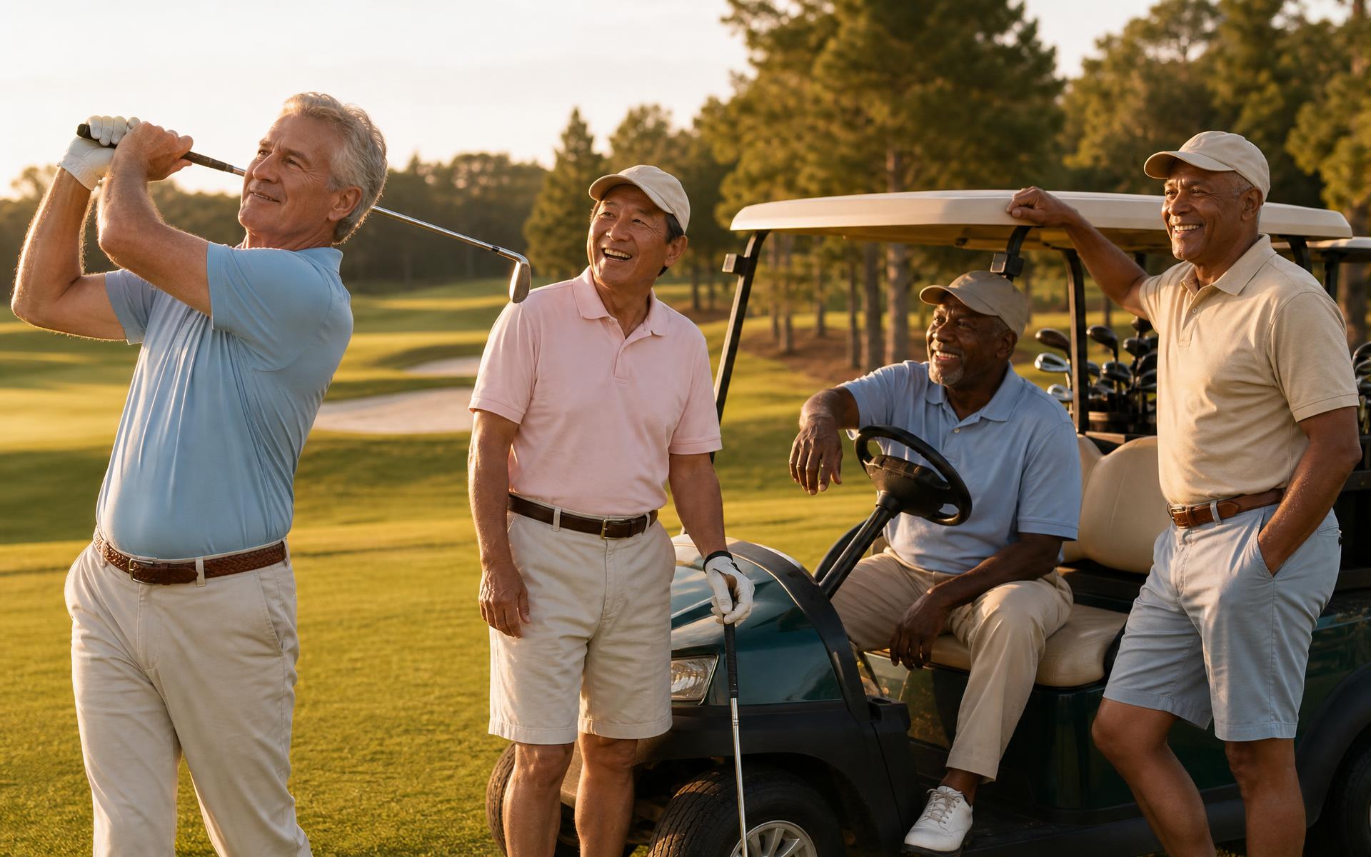 Four retired friends enjoying a round of golf together at golden hour